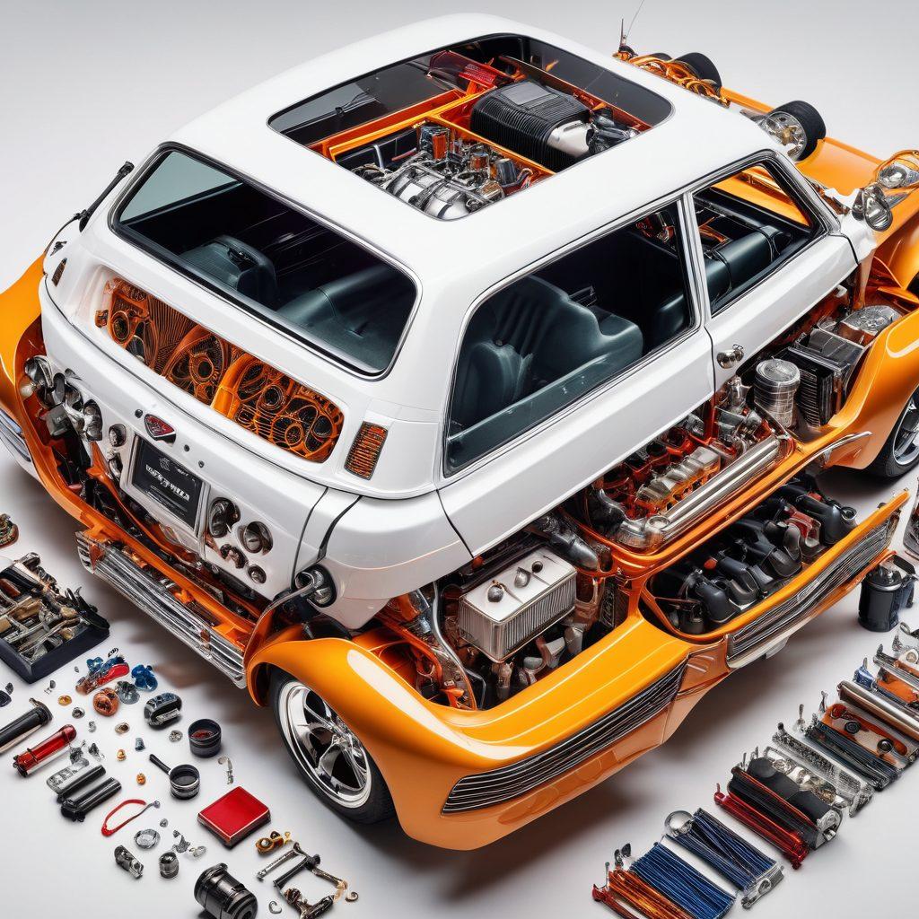 An intricate collage showcasing the journey of automotive tuning, featuring a visually striking blend of a classic car, tuning tools, and vibrant sound waves emanating from an engine. Highlight the transformation from a standard vehicle to an enhanced performance machine, with graphical elements like gauges and engine diagrams. Use a dynamic energy backdrop to convey speed and innovation. super-realistic. vibrant colors. white background.