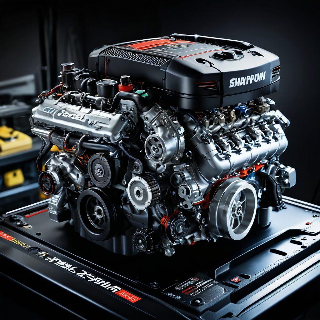 A powerful engine with intricate components being remapped, showcasing high-tech equipment and digital readouts. The background features a vibrant workshop filled with tools and performance charts, highlighting the art of engine tuning. Dramatic lighting accentuates the sleek curves of the engine, conveying a sense of speed and precision. super-realistic. vibrant colors. dynamic composition.