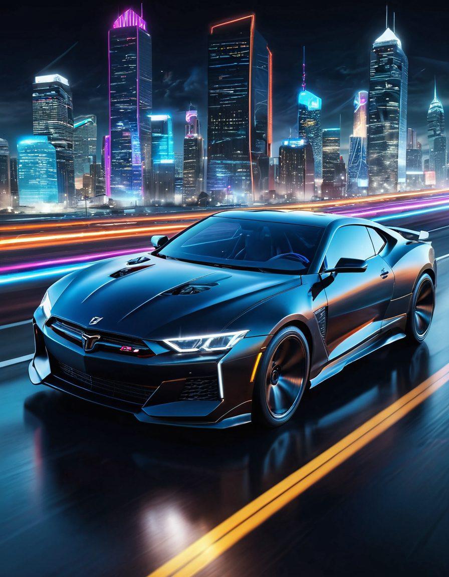 A sleek, modern car with digital circuits and glowing elements flowing around it, symbolizing digital performance tuning. The background features dynamic speed lines and a vibrant cityscape, hinting at the power unleashed through tuning. Include visuals of performance graphs or charts subtly integrated in the design. The overall mood should energize the viewer, showcasing innovation and speed. super-realistic. vibrant colors. cyberpunk.